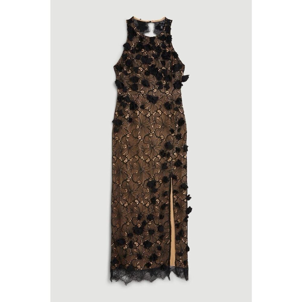 NWT Karen Millen Black Lace Floral Appliqué Midi Dress Open Back Slit US 6 - Picture 5 of 13